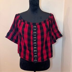 Hot Topic Red & Black Buffalo Plaid Hook & Eye Off-The-Shoulder Women’s Crop Top